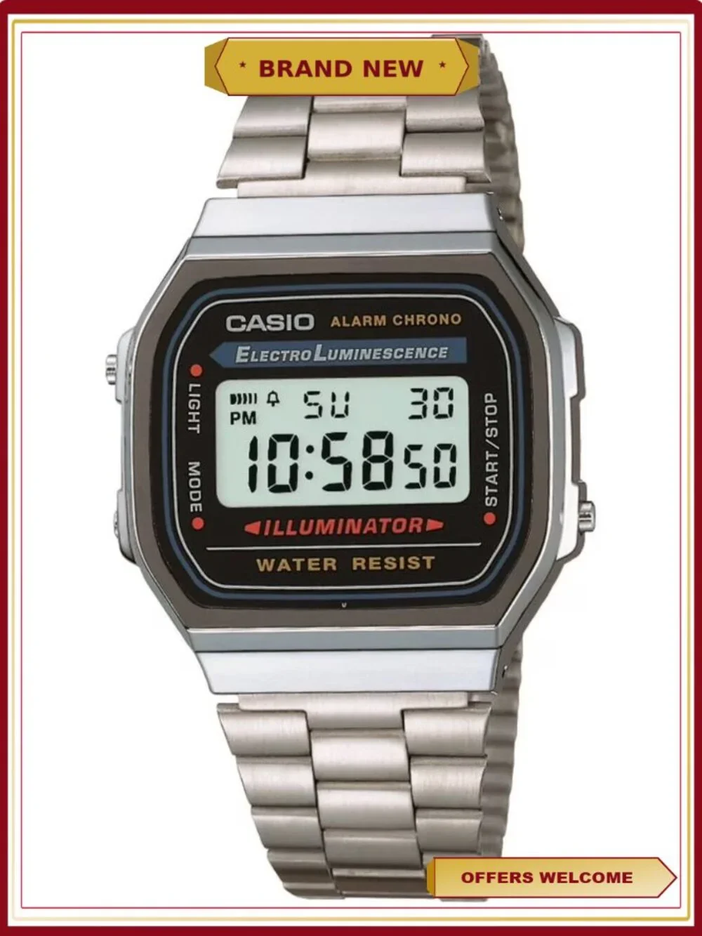 Casio Stainless Steel Digital Wristwatch Silver Black Retro Classic